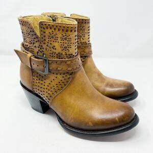 JB Dillon Tan Burnished Leather Western Ankle Booties Women's Size 7 EUC